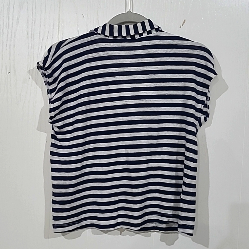 Sigrid Olsen Womens Navy & White Striped Linen V-Neck Top Blouse Tee Size Medium - Picture 4 of 5